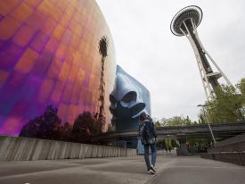 Looking up at the Space Needle and the Museum of Pop Culture in Seattle, Washington